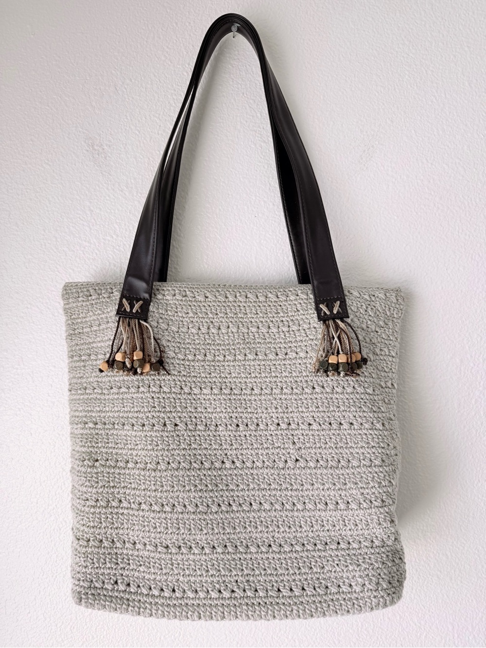 The Sak Vintage Crochet Boho Tote Bag - Cream Nylon String With Beaded Tassels